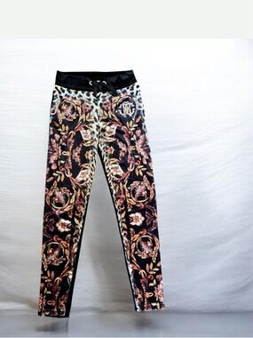 NWOT Robert Cavalli Cotton Licra Black Velvet Floral Legging Jogger Size S